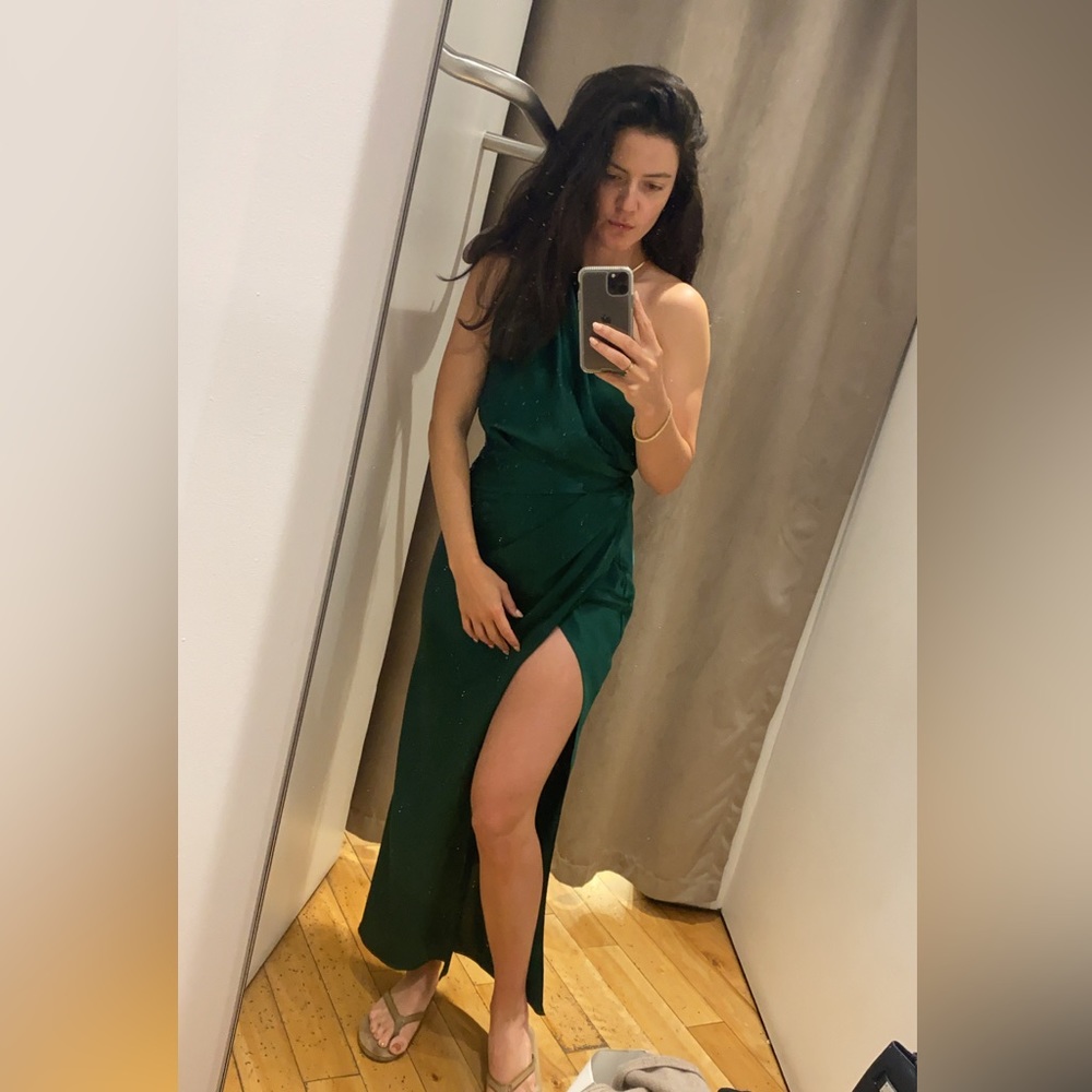 The Sei 100% silk one shoulder emerald cocktail dress